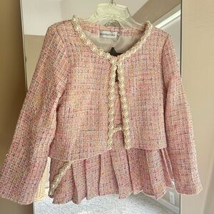 Shop Kultivate Pink Tweed Jacket and Skirt Set with Pearl Embellishments Size S
